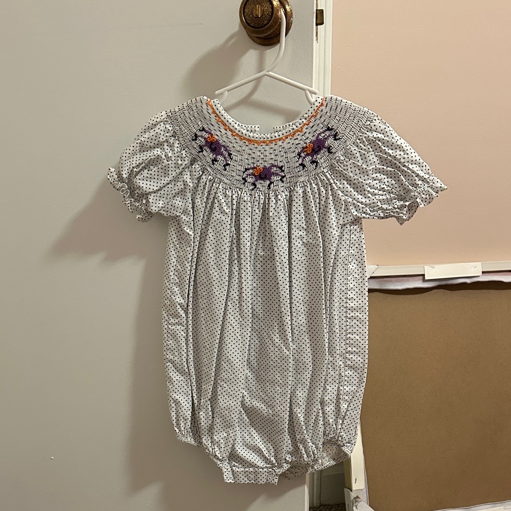 Polka Dot Smocked Kids Bubble with Floral Embroidery